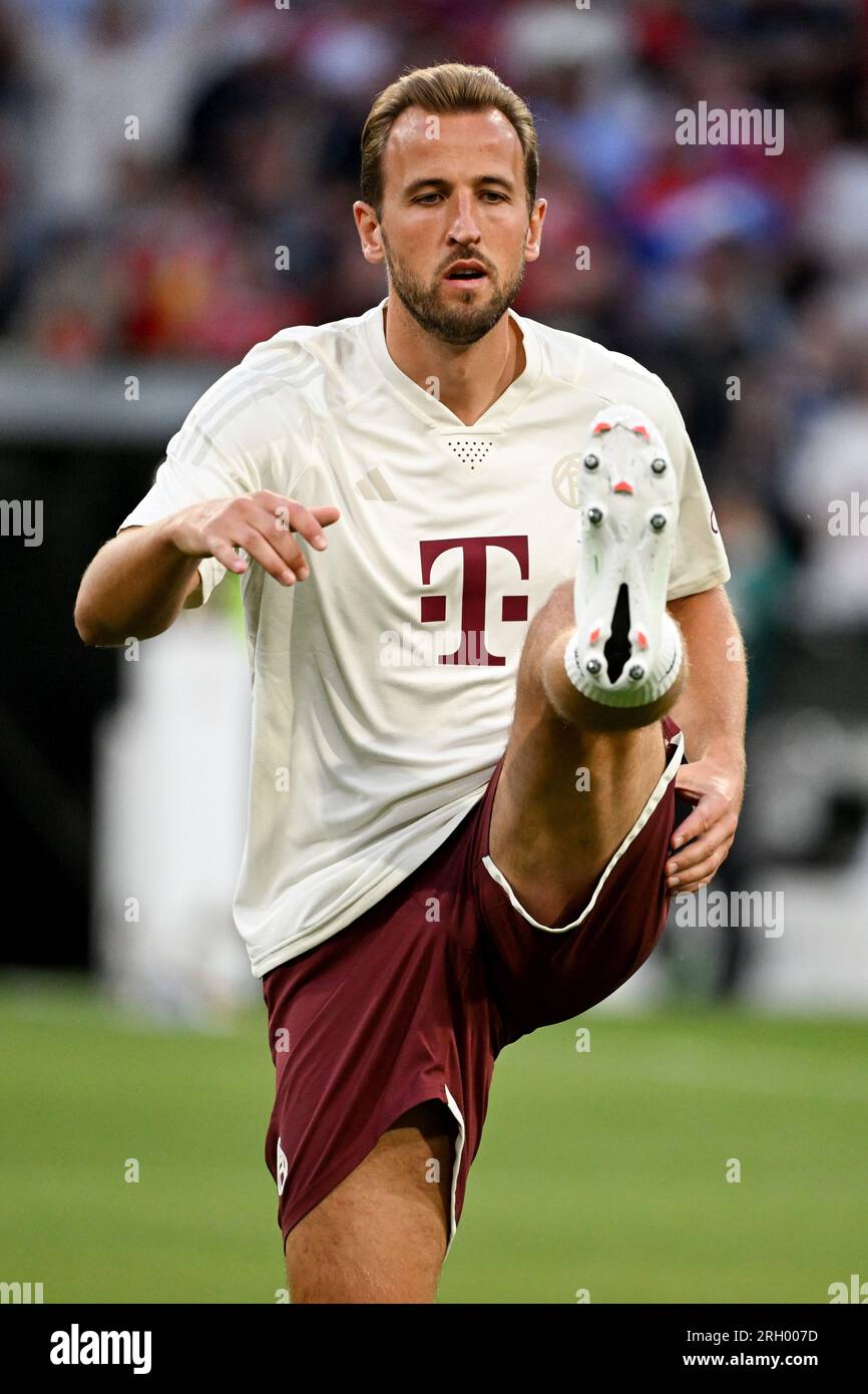 Bayern Munich's Harry Kane warming up before the DFL-Supercup final at the Allianz Arena, Munich. Picture date: Saturday August 12, 2023. Stock Photo
