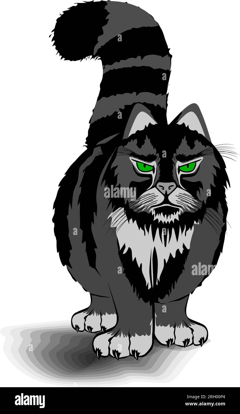 Angry black cat line and solid icon, halloween concept, hissing