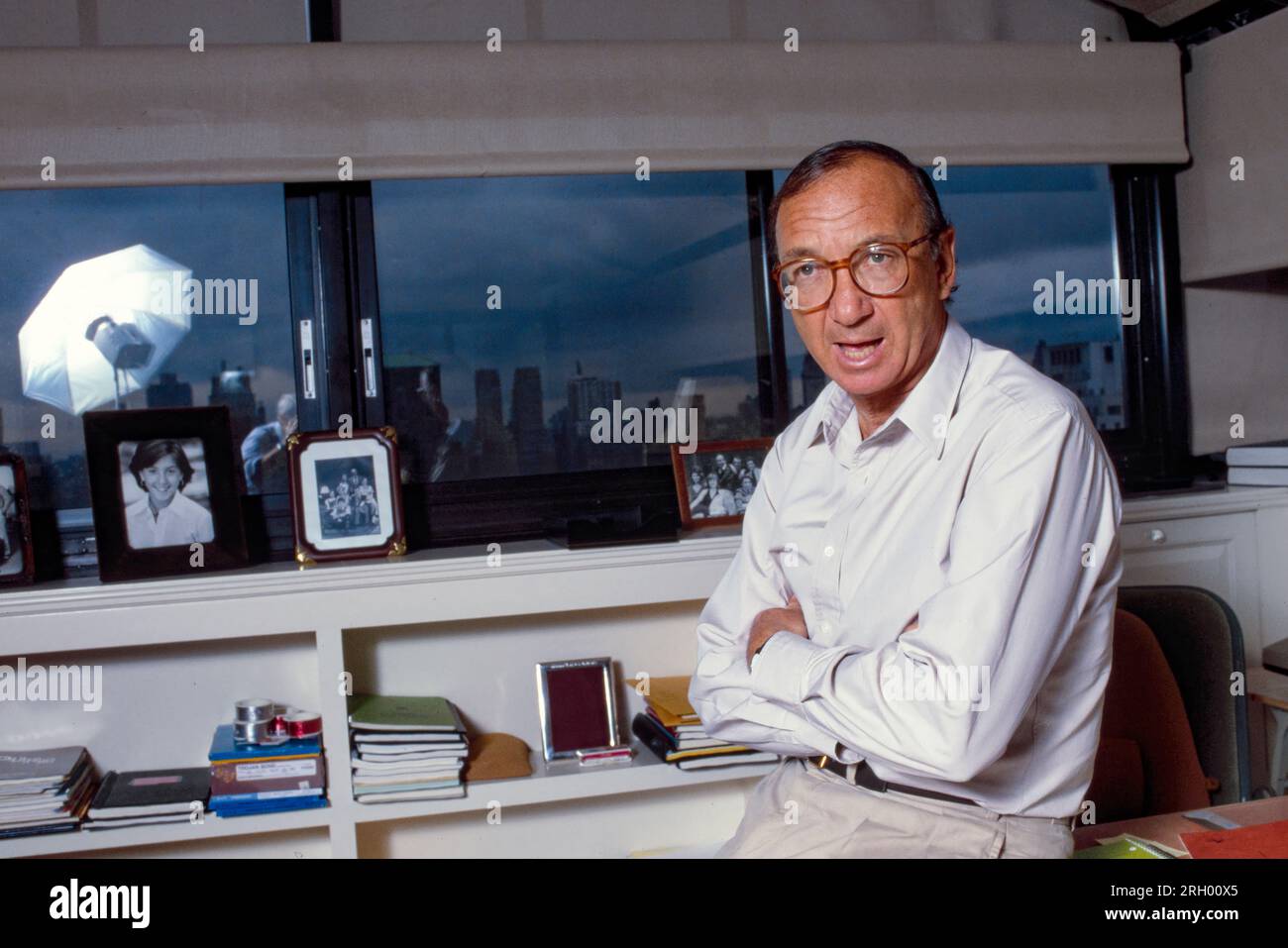 Neil Simon - in his Manhattan office in 1986 - was an American playwright, screenwriter and author. He wrote more than 30 plays and nearly the same number of movie screenplays, mostly film adaptations of his plays. He has received three Tony Awards, and a Golden Globe Award as well as nominations for four Academy Awards and four Primetime Emmy Awards. He was awarded a Special Tony Award in 1975, the Kennedy Center Honors in 1995 and the Mark Twain Prize for American Humor in 2006. Photograph by Bernard Gotfryd Stock Photo