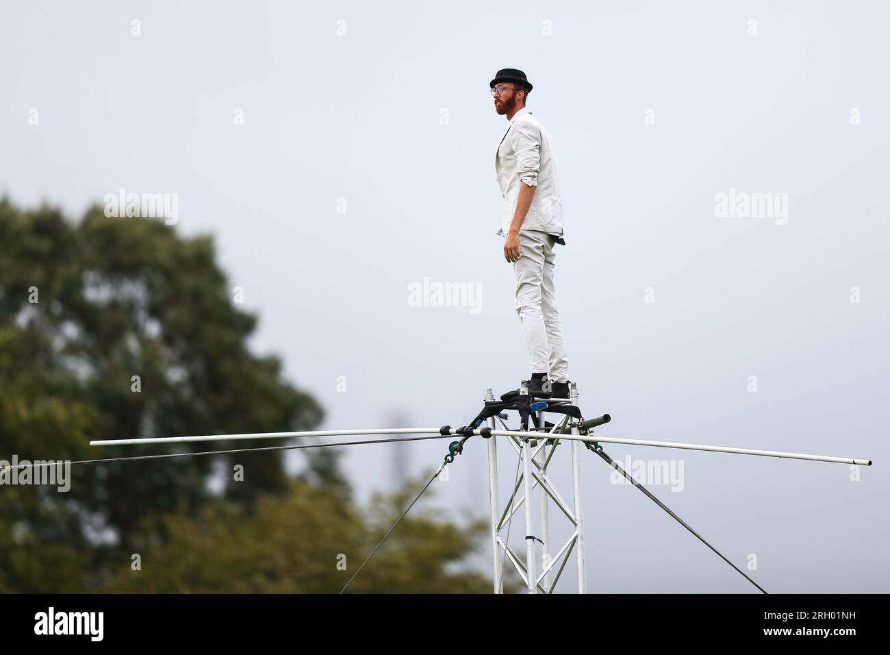 Carmarthen, UK. 12 August, 2023. Carmarthenborn high wire walker Ellis