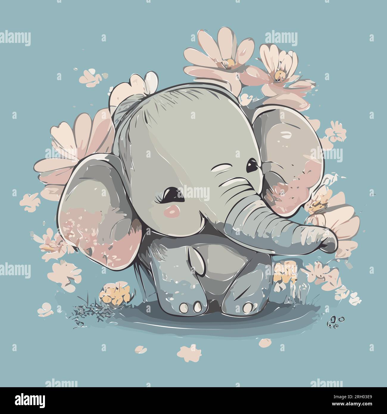 a blue elephant sitting in a flower filled frame with pink flowers and green leaves on a white background with a pink flower, cute and funny, a charac Stock Vector