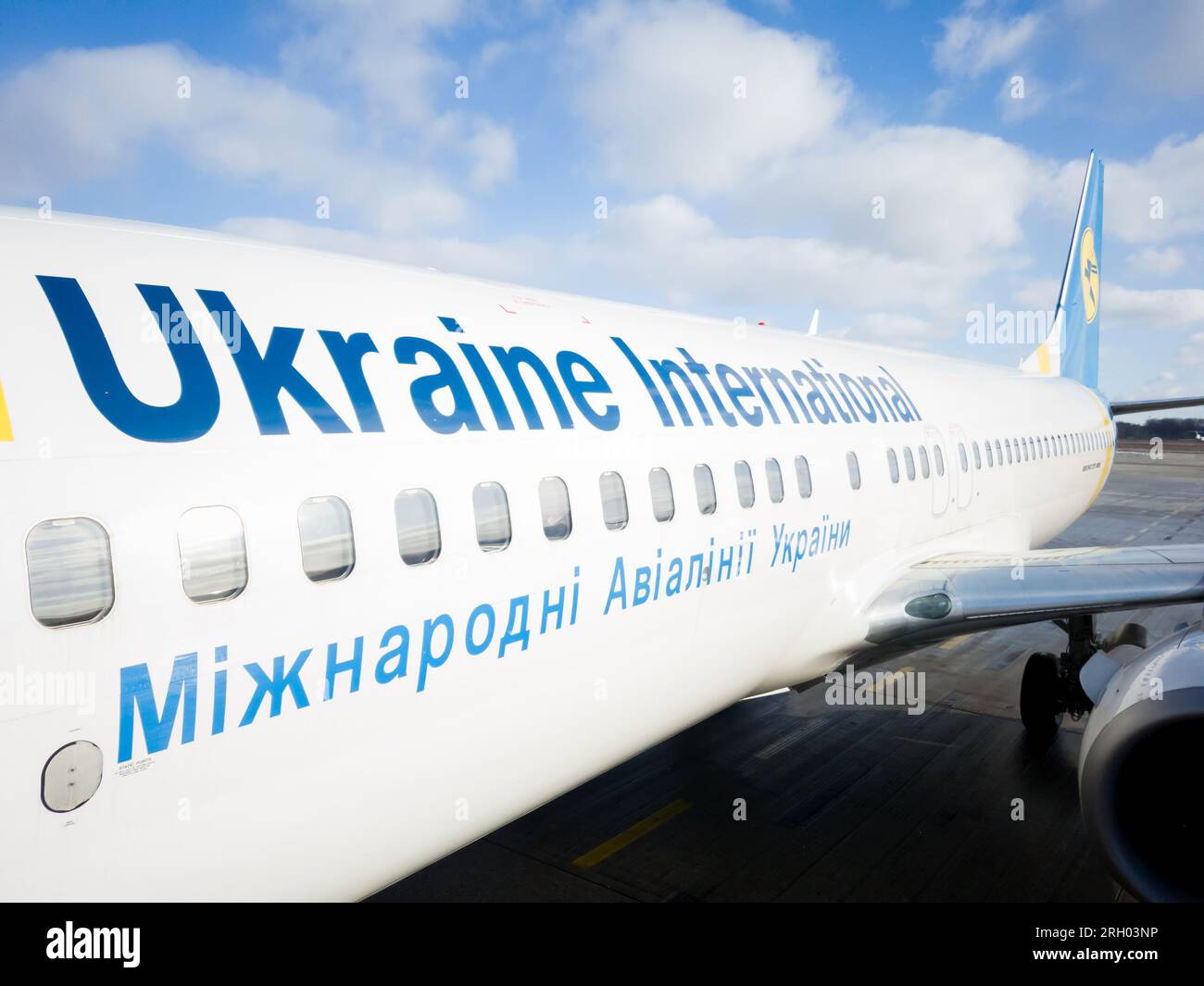 Kyiv, Ukraine - February, 7 2020: Close up of Ukraine International Airlines flight, Boeing 737-200. Stock Photo