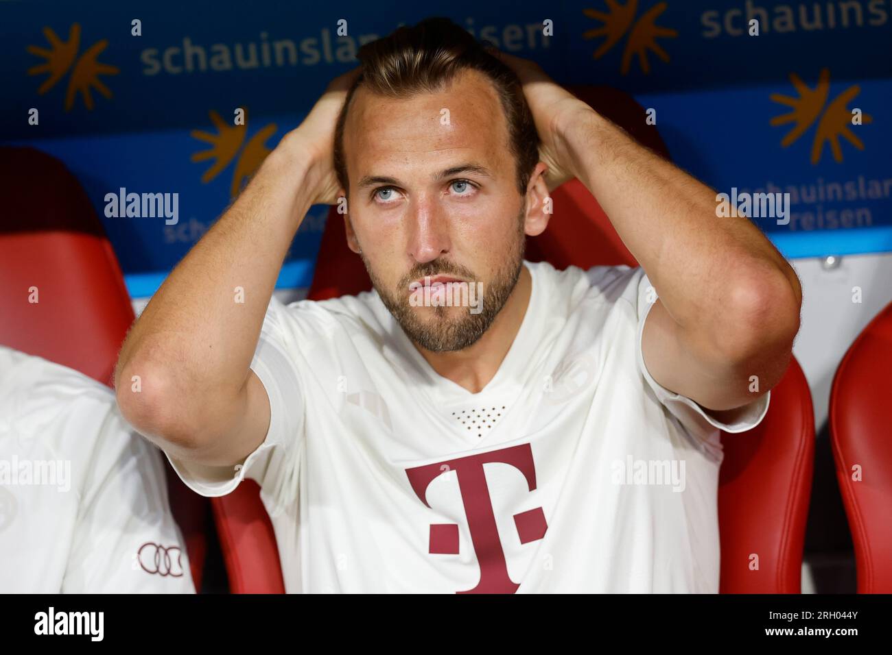 Bayern Munich's Harry Kane on the bench before the DFL-Supercup final at the Allianz Arena, Munich. Picture date: Saturday August 12, 2023. Stock Photo