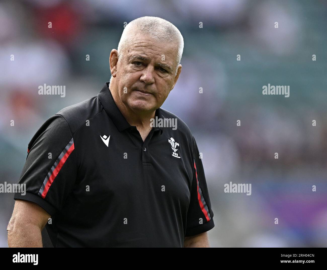 Twickenham, United Kingdom. 12th Aug, 2023. England V Wales, 2023 Rugby World Cup warm up match. Twickenham Stadium. Twickenham. Warren Gatland (Wales head coach) watches his players during the warm up during the England V Wales 2023 Rugby World Cup warm up match. Credit: Sport In Pictures/Alamy Live News Stock Photo