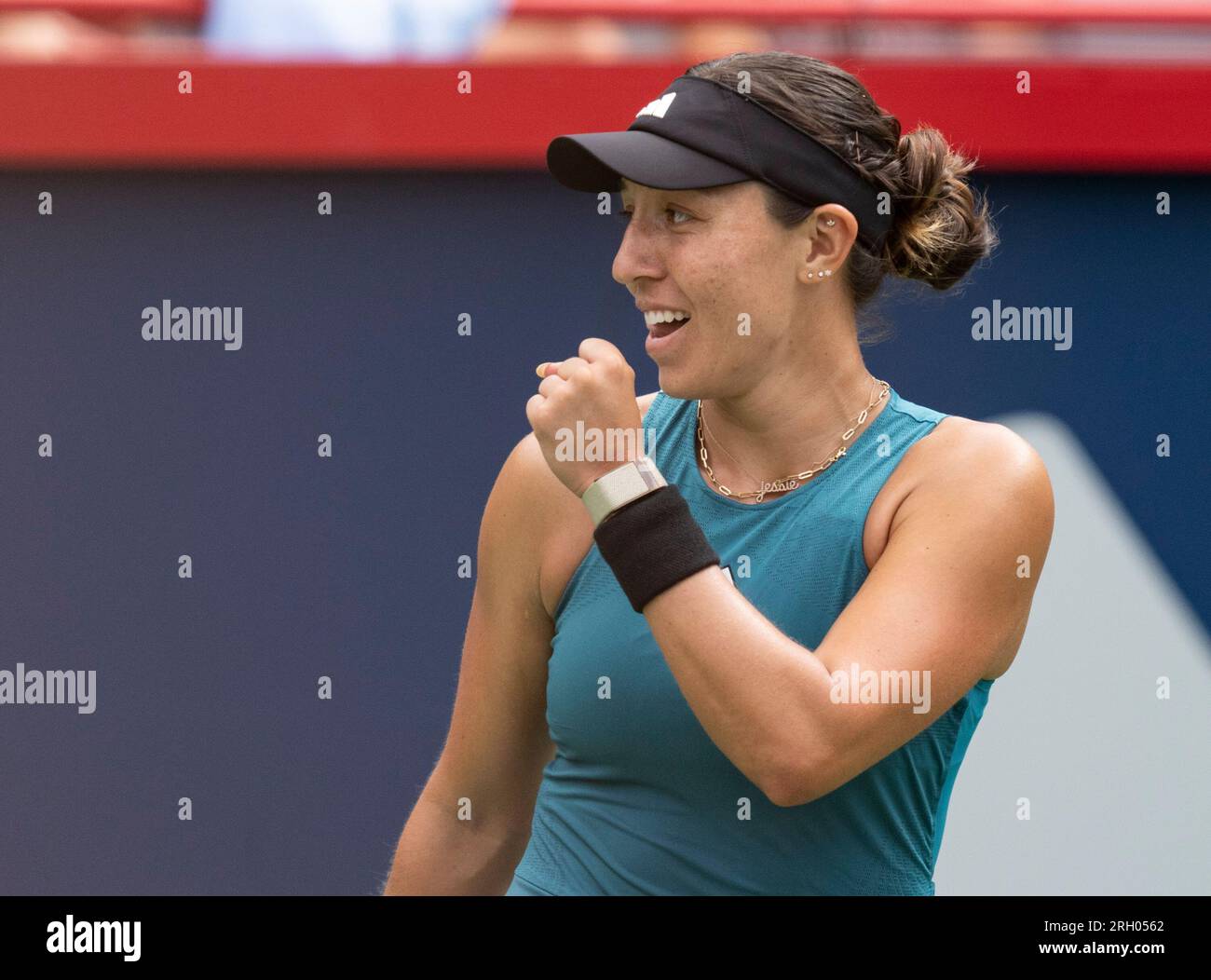 Jessica Pegula of the United States, celebrates her win over Iga Swiatek of Poland, during the semifinals of the National Bank Open womens tennis tournament Saturday, Aug