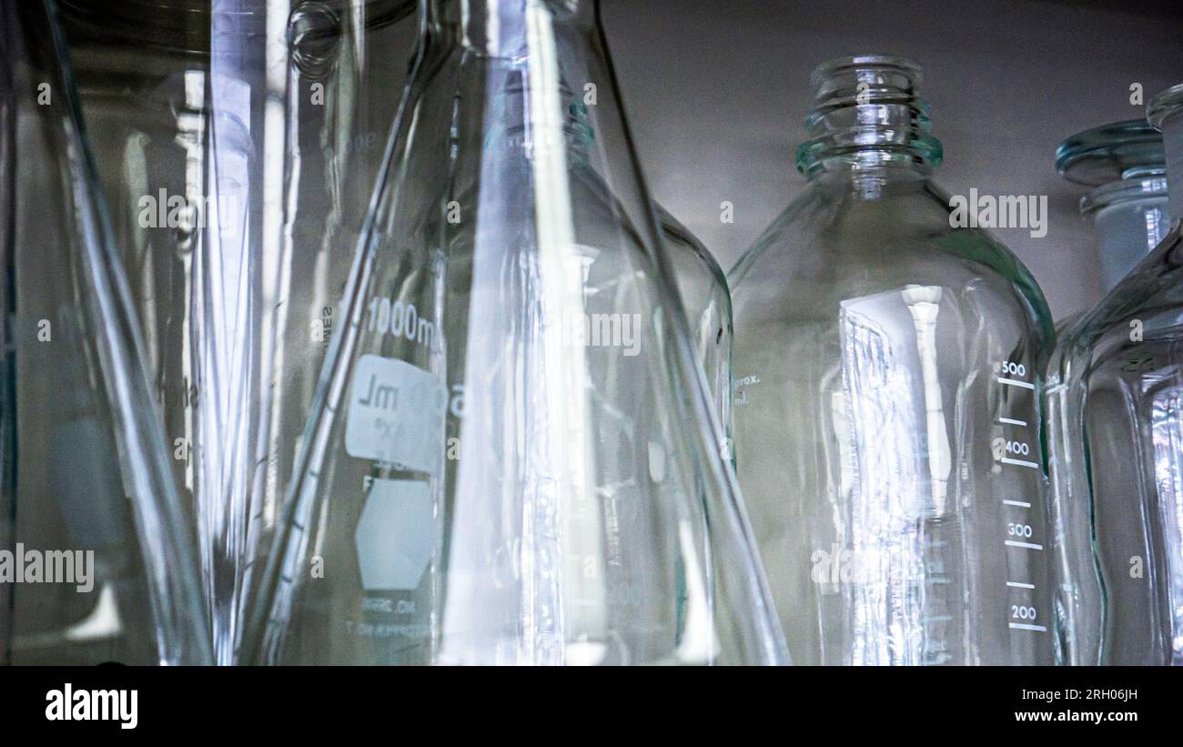 Glassware in a lab, beakers, flasks, and test tubes Stock Photo Alamy