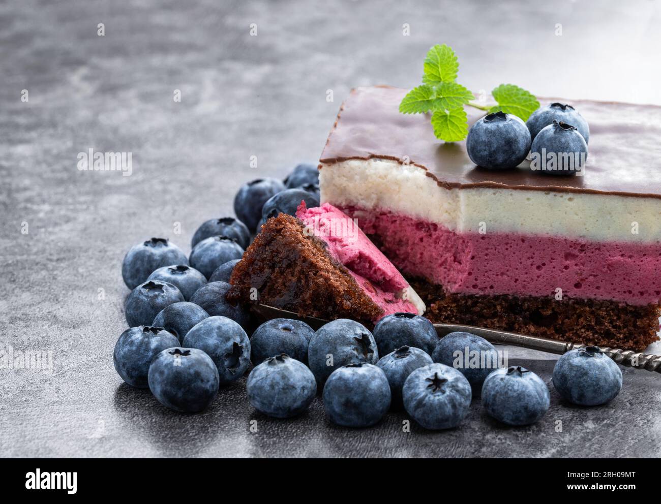 Delicious  blueberry layered cake on gray background Stock Photo