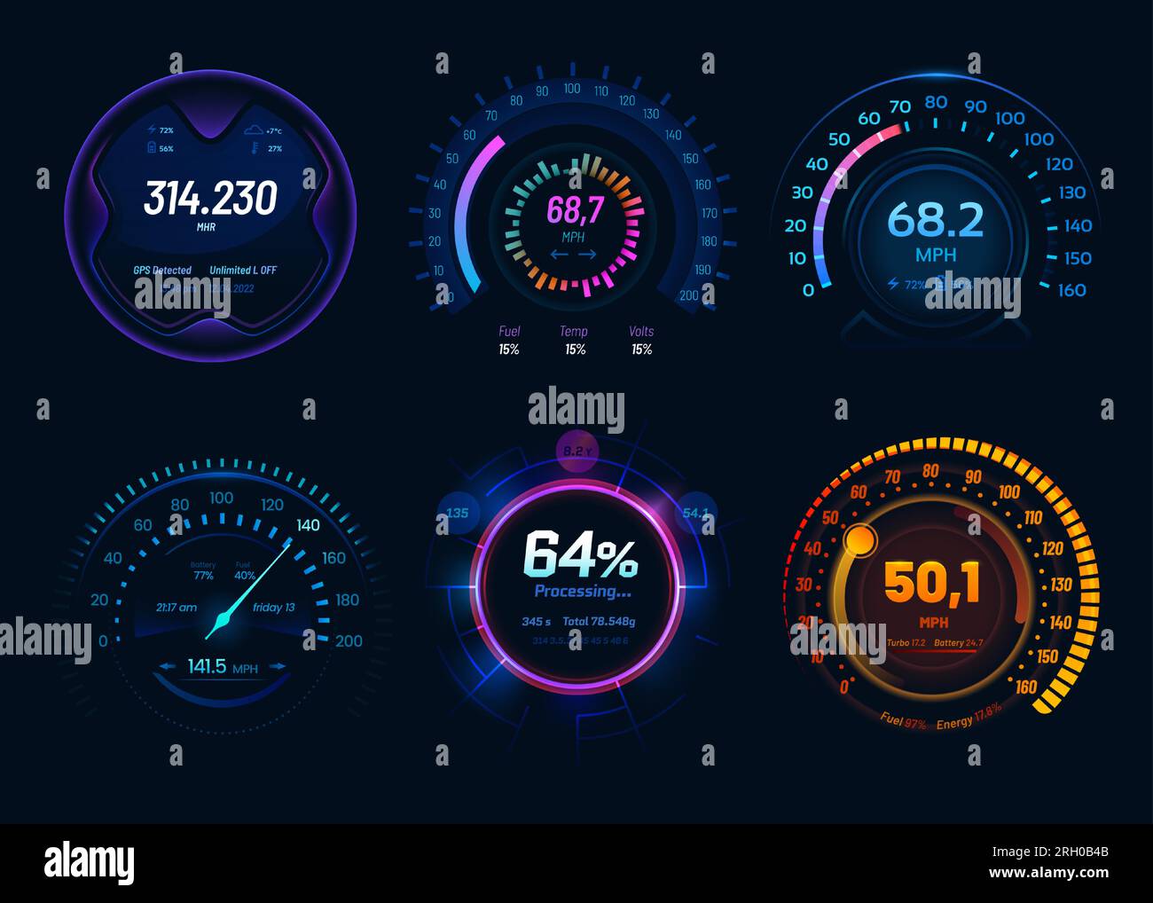 Speedometer with neon LED light gauge meter, vector car dashboard