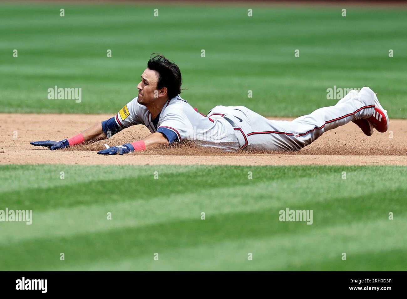 Atlanta Braves' Nicky Lopez scores a run behind New York Mets catcher Omar  Narvaez during the fourth inning in the first baseball game of a  doubleheader on Saturday, Aug. 12, 2023, in New York. (AP Photo/Adam Hunger  Stock Photo - Alamy