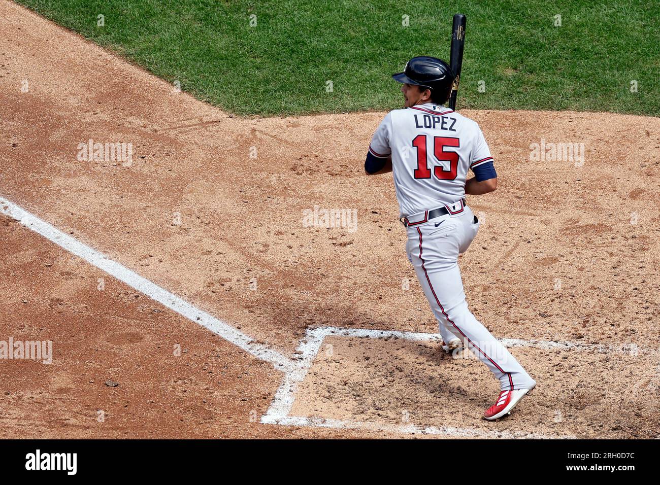 Atlanta Braves' Nicky Lopez scores a run behind New York Mets catcher Omar  Narvaez during the fourth inning in the first baseball game of a  doubleheader on Saturday, Aug. 12, 2023, in New York. (AP Photo/Adam Hunger  Stock Photo - Alamy