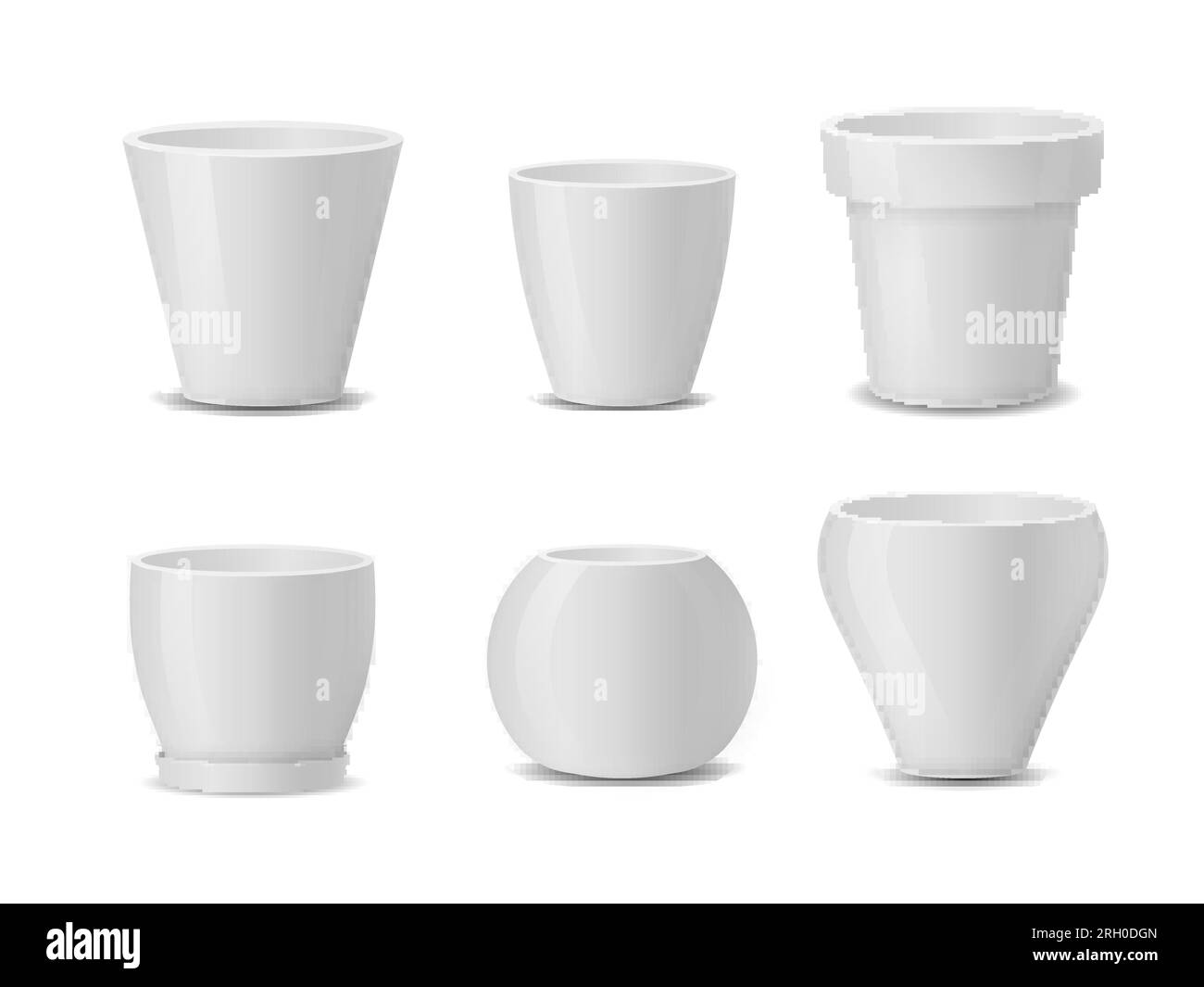 Set of realistic white ceramic flower pots isolated on white background