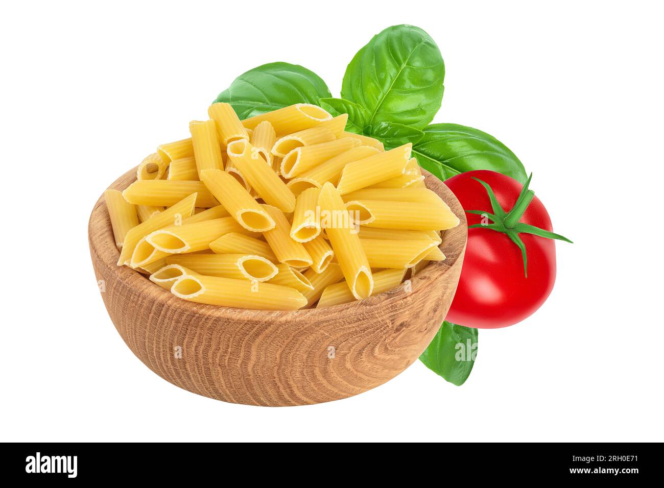 Raw italian penne rigate pasta in wooden bowl isolated on white background with full depth of field Stock Photo