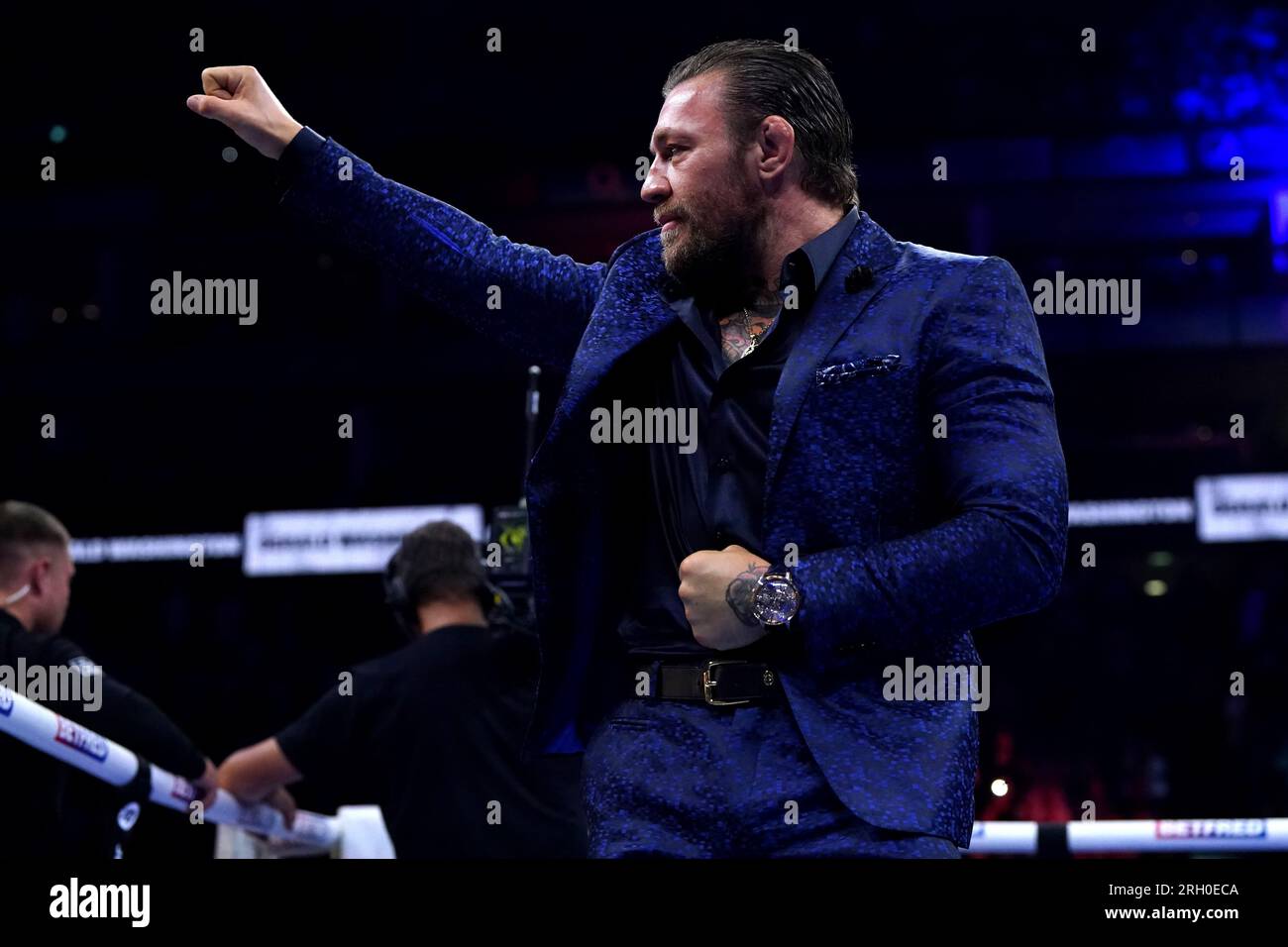 Conor McGregor poses for photographs inside the ring at the O2 Arena, London. Picture date: Saturday August 12, 2023. Stock Photo