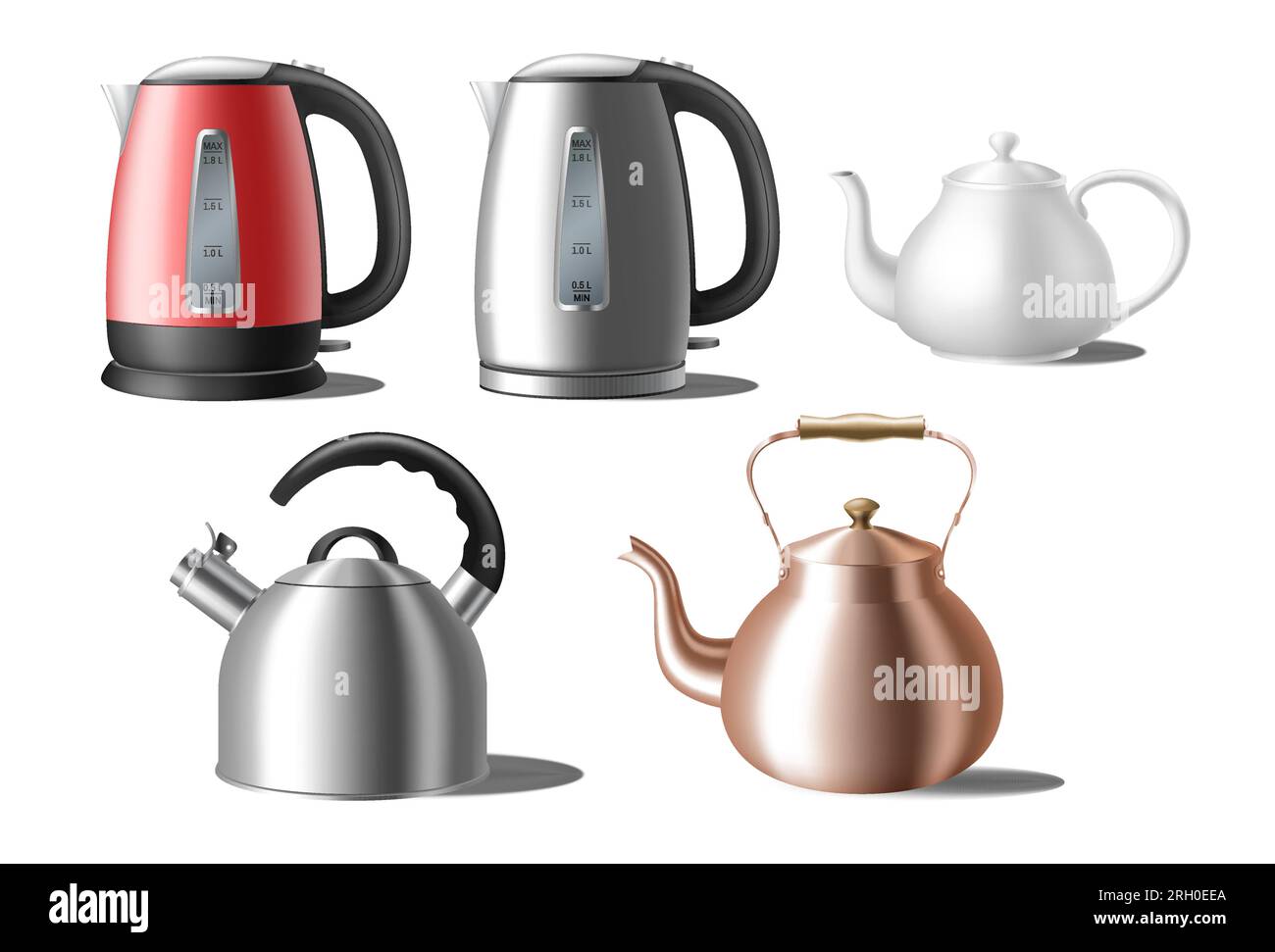 Kettles set. Modern and classic teapots electric teakettles and tea