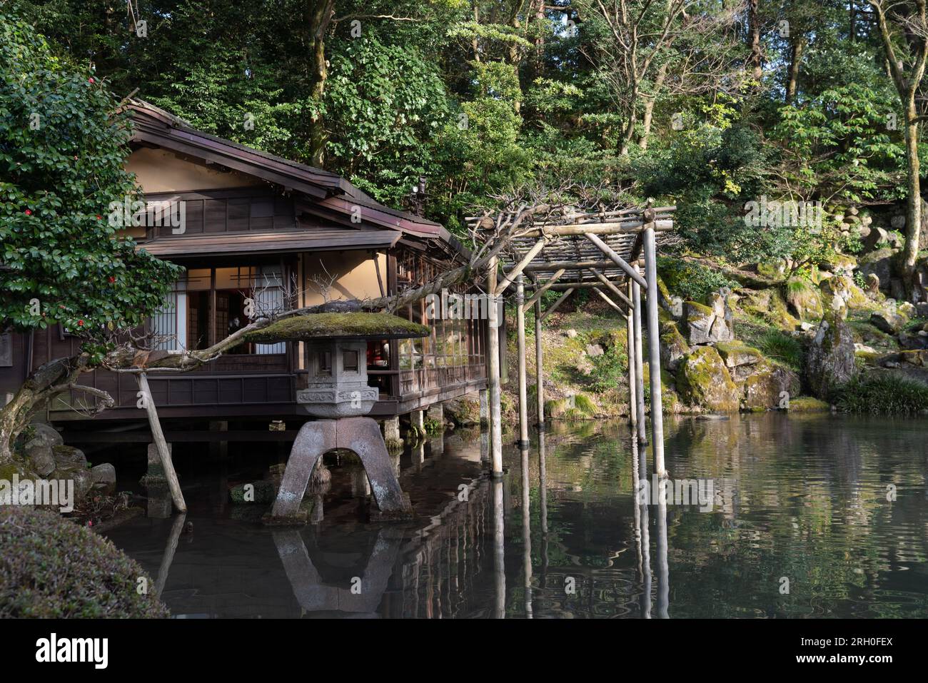 Yugao-tei or Gourd Tea House house on Hisago-ike pond in Kenrokuen Garden, Kanazawa, Japan. Stock Photo