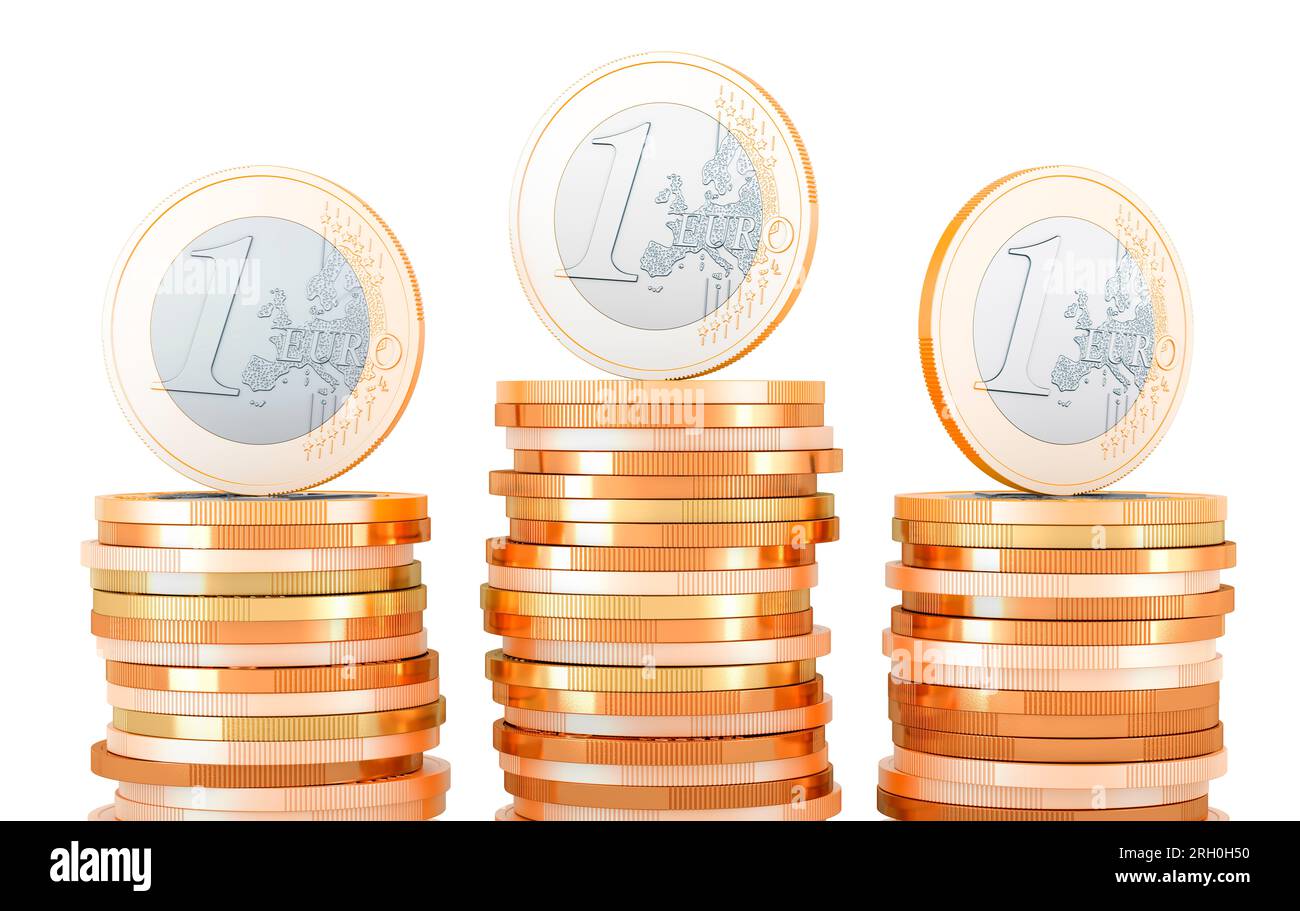 Euro coins with stacks of golden coins, 3D rendering isolated on white ...
