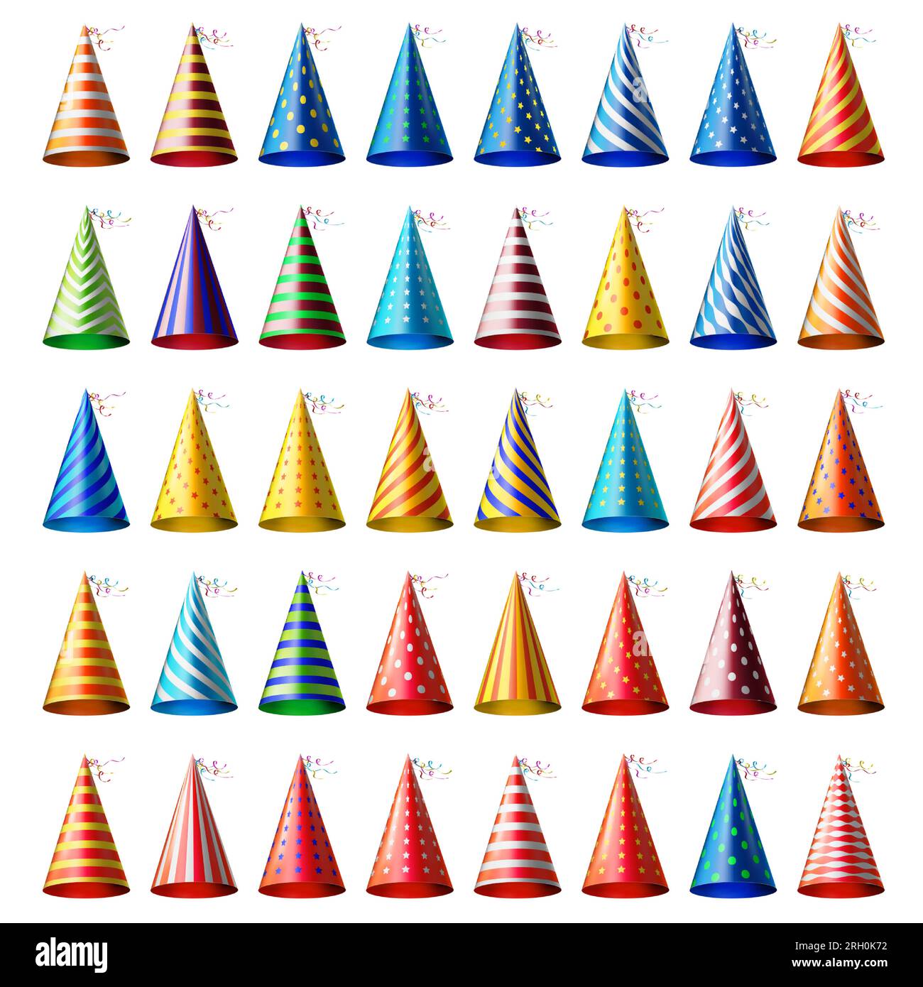 Colorful party hats. Realistic different festive headwear with various patterns. Cone shaped cardboard head wear. Birthday celebration accessories iso Stock Vector