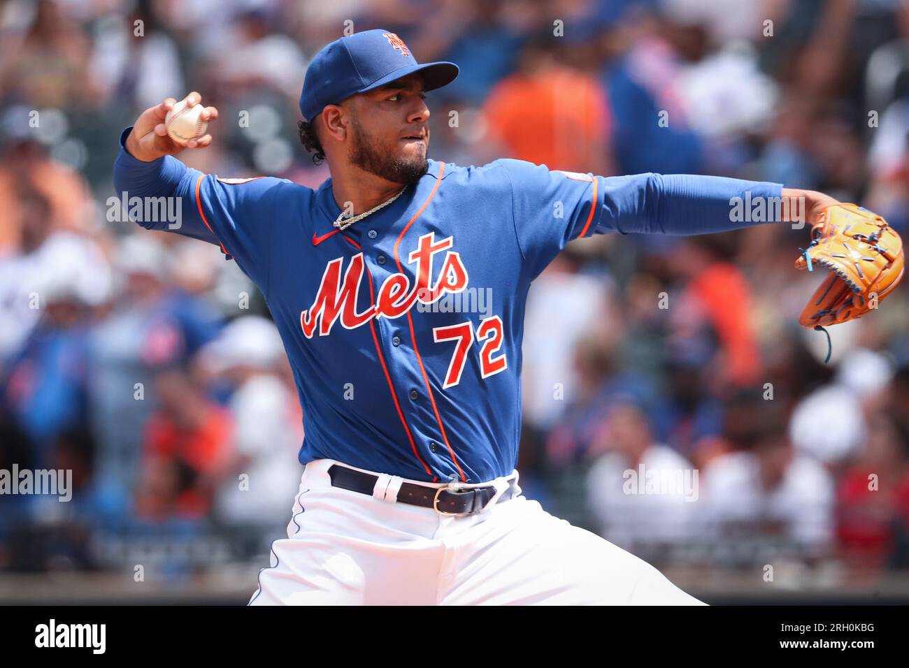 Aug 12 2023; New York City, New York, New York Mets Denyi Reyes (72) stares down opposing Atlanta Braves batter. (Ariel Fox/Image of Sport) Stock Photo