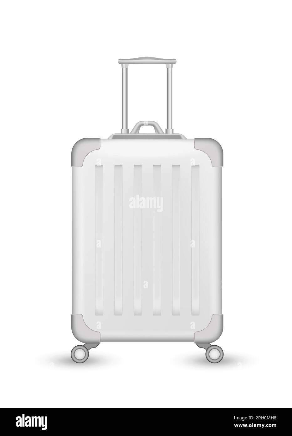 Realistic white travelling suitcase, bag mockup. Vector voyage plastic