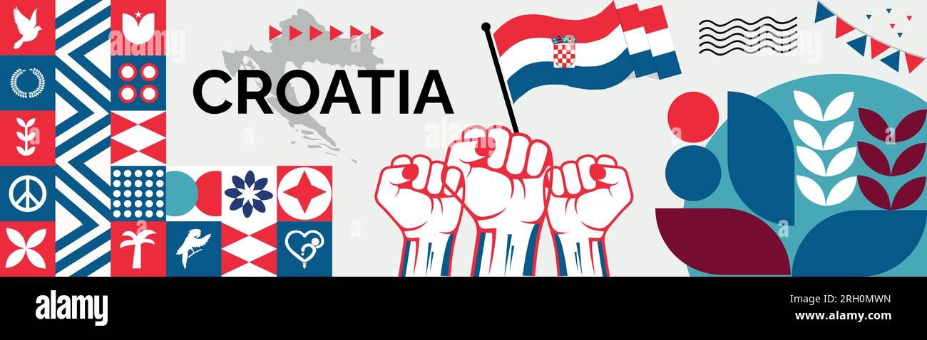 Croatia Map and raised fists. National day or Independence day design for Croatia celebration. Modern retro design with abstract icons. Vector Stock Vector