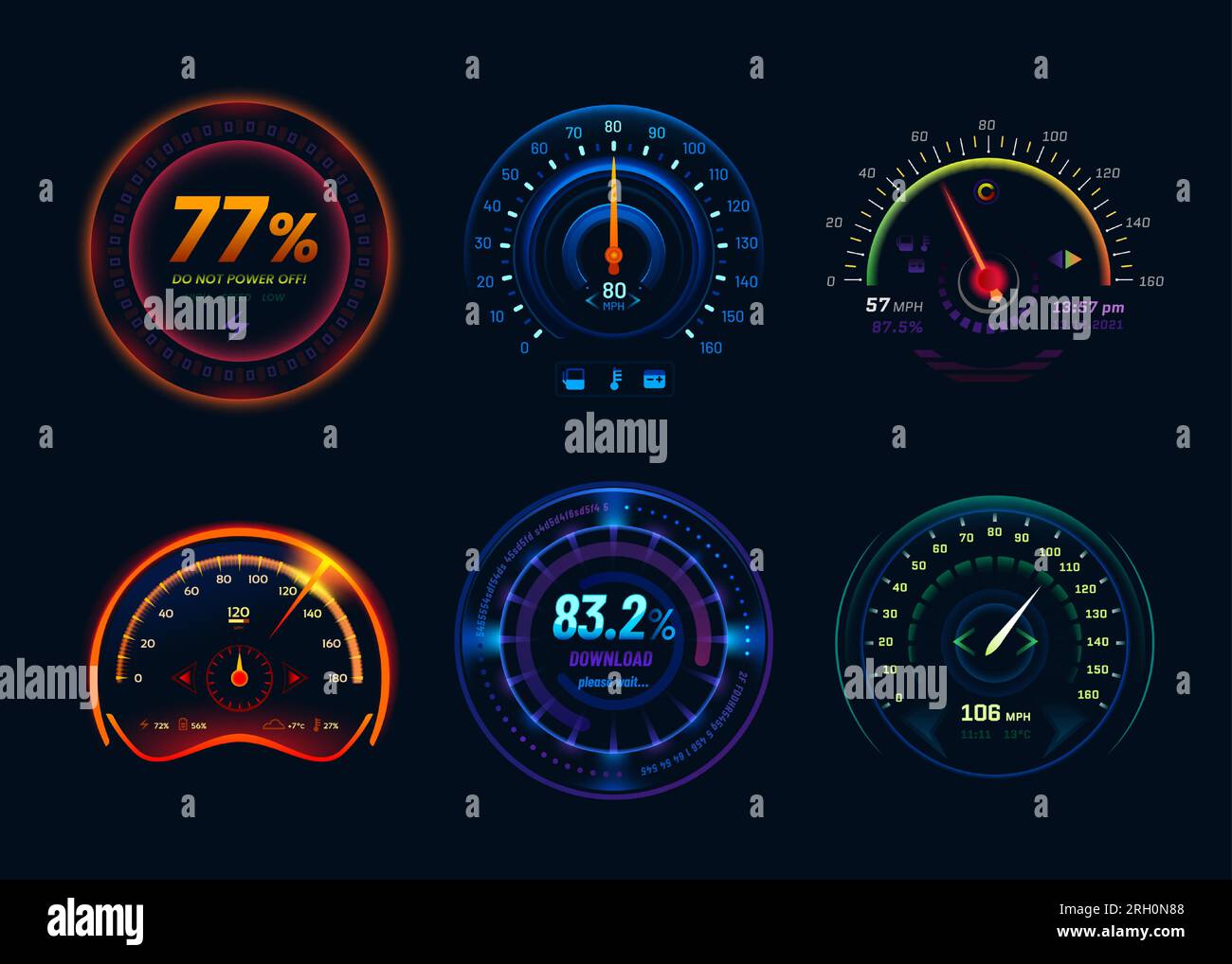 Speedometer neon LED light gauge arrows and bar indicators, vector car