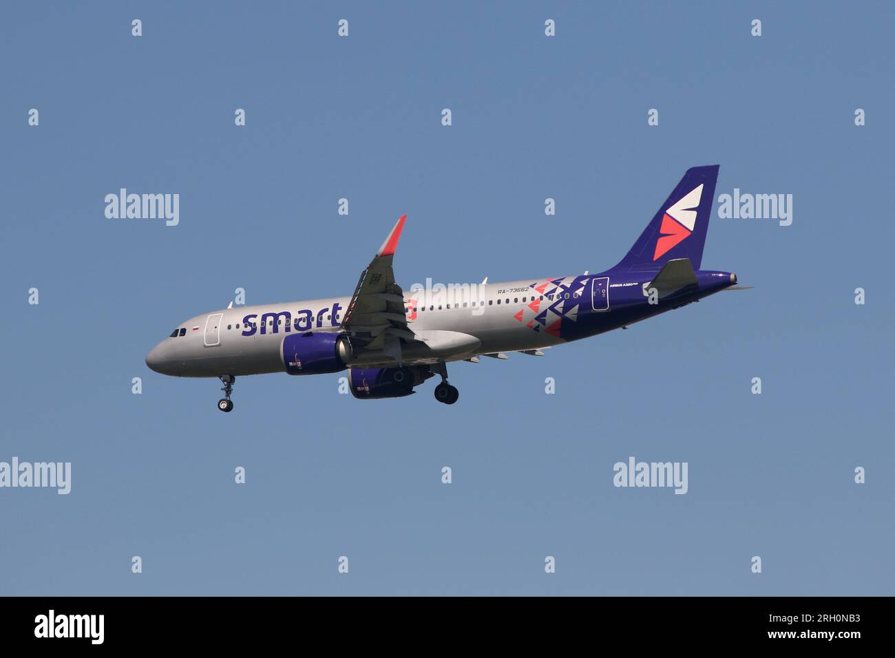 The plane of the Smartavia Airline, A320neo, seen landing at Pulkovo ...