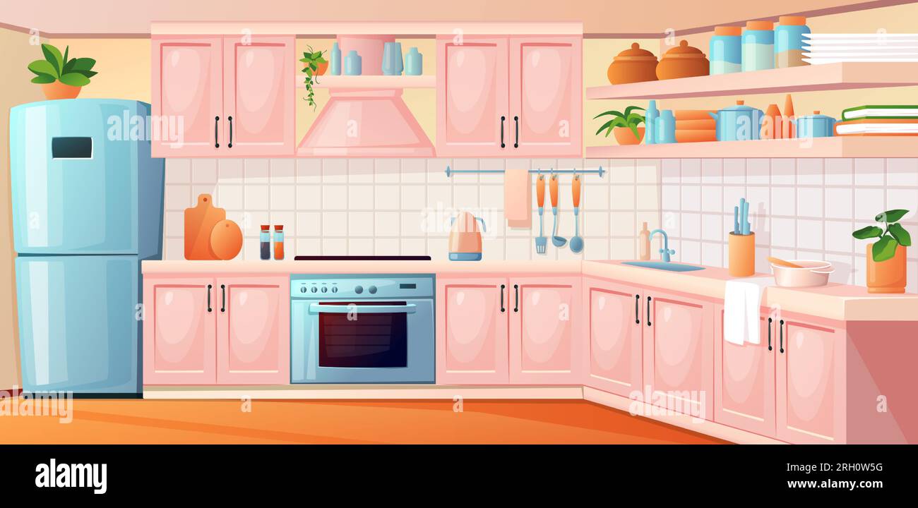 Kitchen interior. Inside cartoon house room with cooker stove and kitchenware. Furniture for cooking. Retro fridge and oven. Household appliances on c Stock Vector