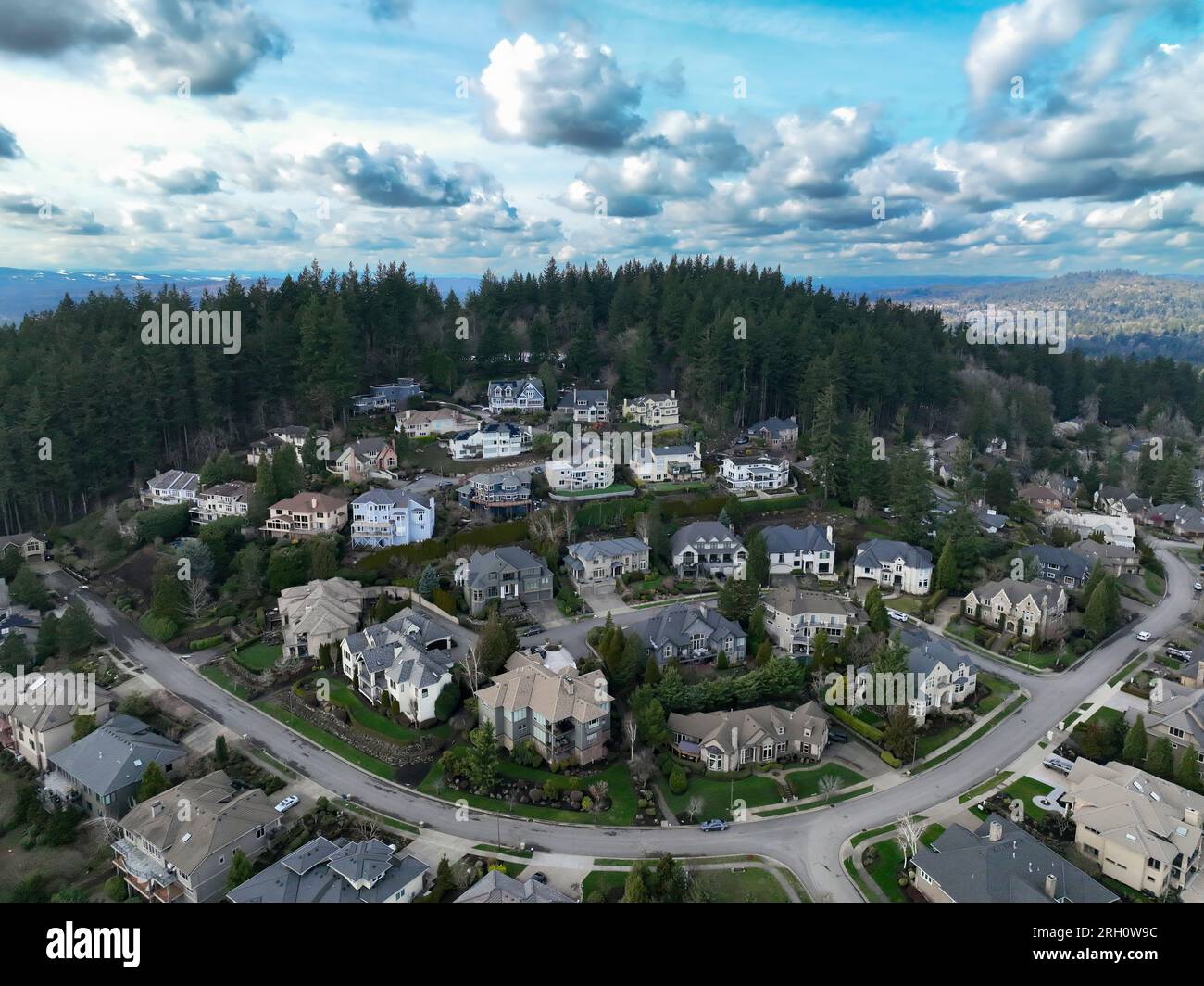 Aerial photos of an upscale neighborhood on a hillside in West Linn