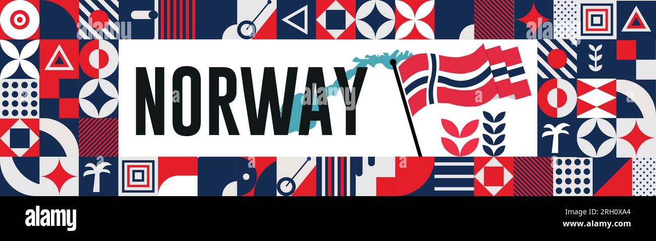 Norway national day banner design. Norwegian flag and map theme with Oslo Viking helmet background. Template vector Norway flag modern design. Stock Vector