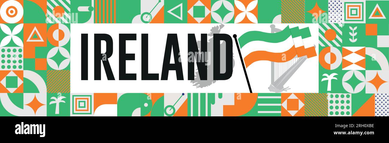 Ireland national day banner design. Ireland flag and map theme with background. Template vector Ireland flag modern design. Abstract geometric retro s Stock Vector