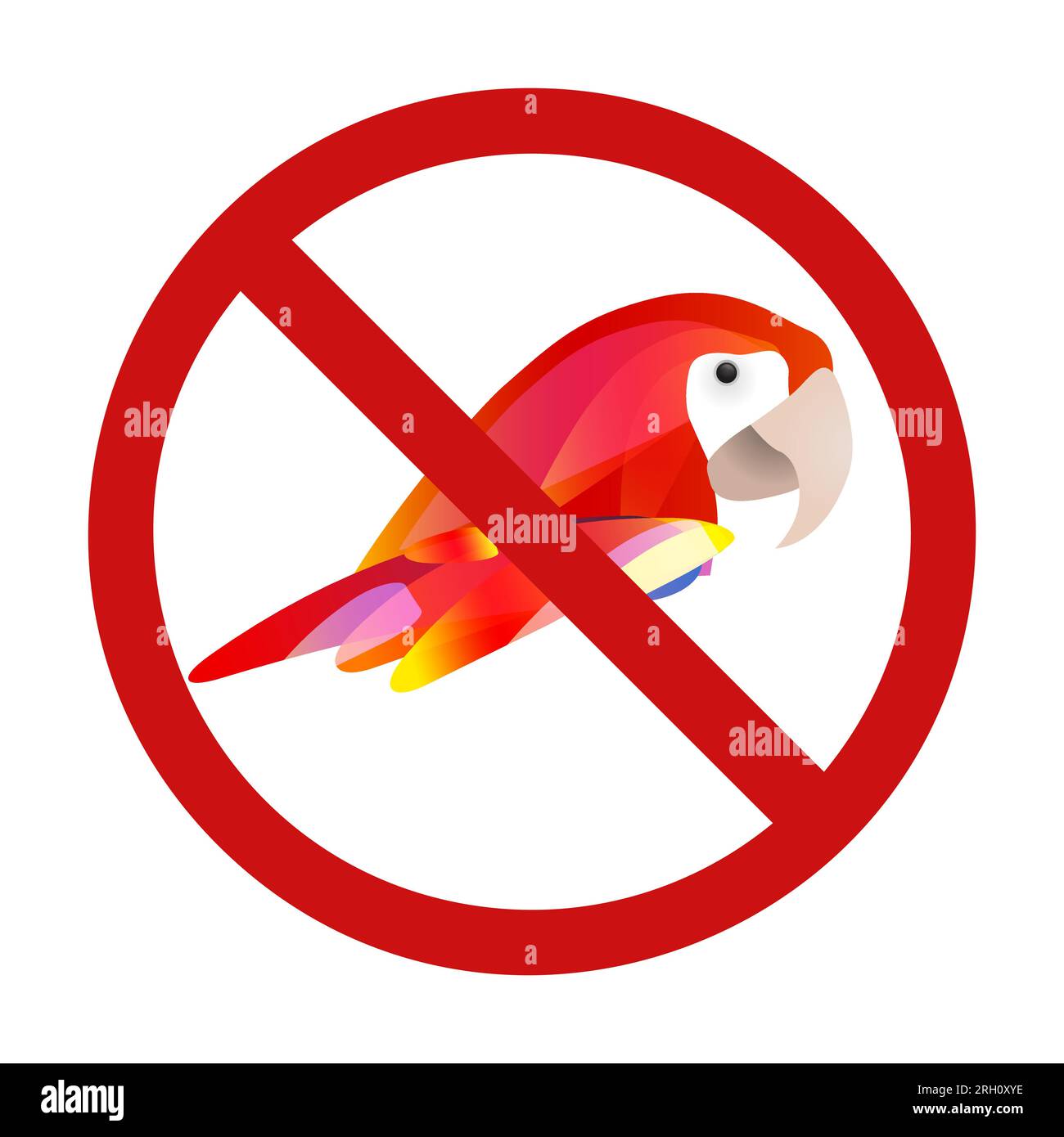 Macaw parrot in prohibition sign. Do not touch wild rare birds. Don t feed the parrots. Forbidden zoo sign for stickers, badges and your design Stock Vector