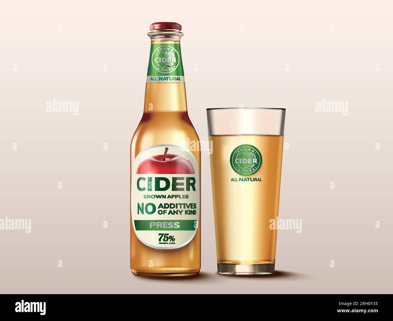 Hard apple cider mockup, beverage glass bottle with label in 3d