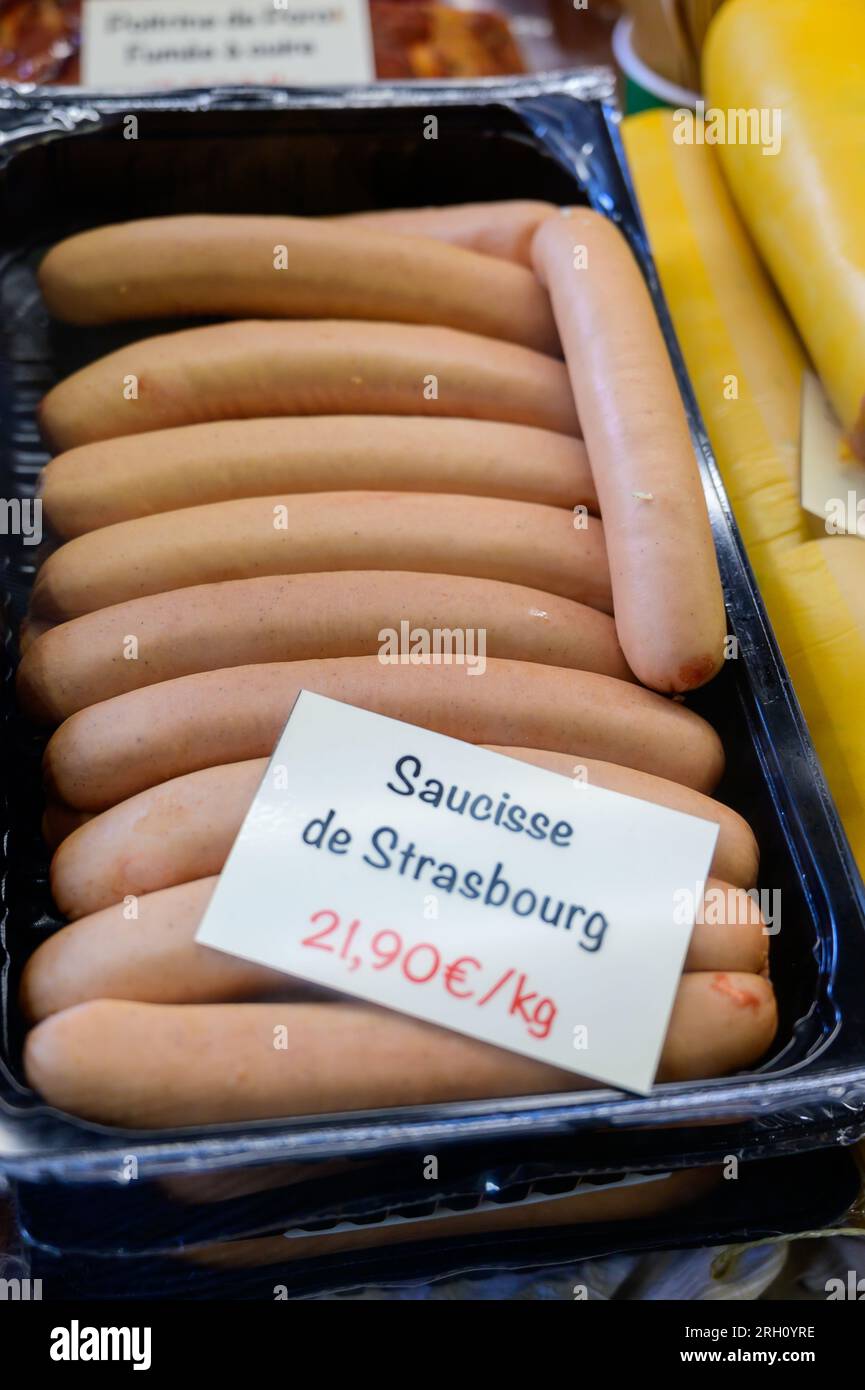 Pork sausages from Alsace, France. English translation Sausage