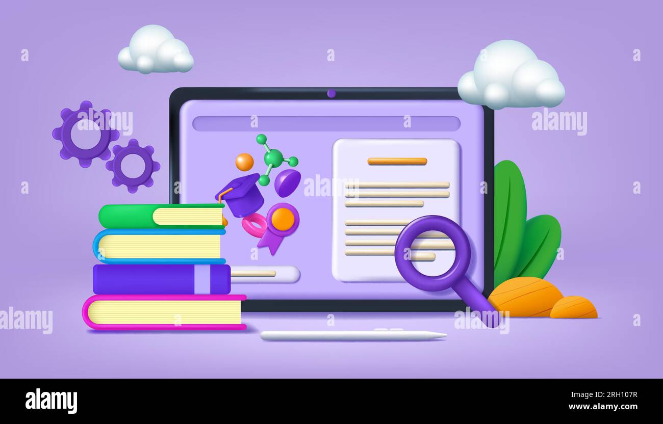 3D education. School web class. Internet course. Digital tablet icons. Students e-learning at home. Pen and magnifier. Textbooks stack. Online studyin Stock Vector