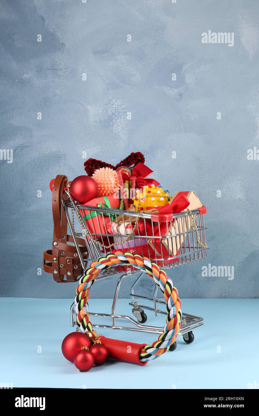 Small shopping cart with different pet goods and Christmas gifts on ...