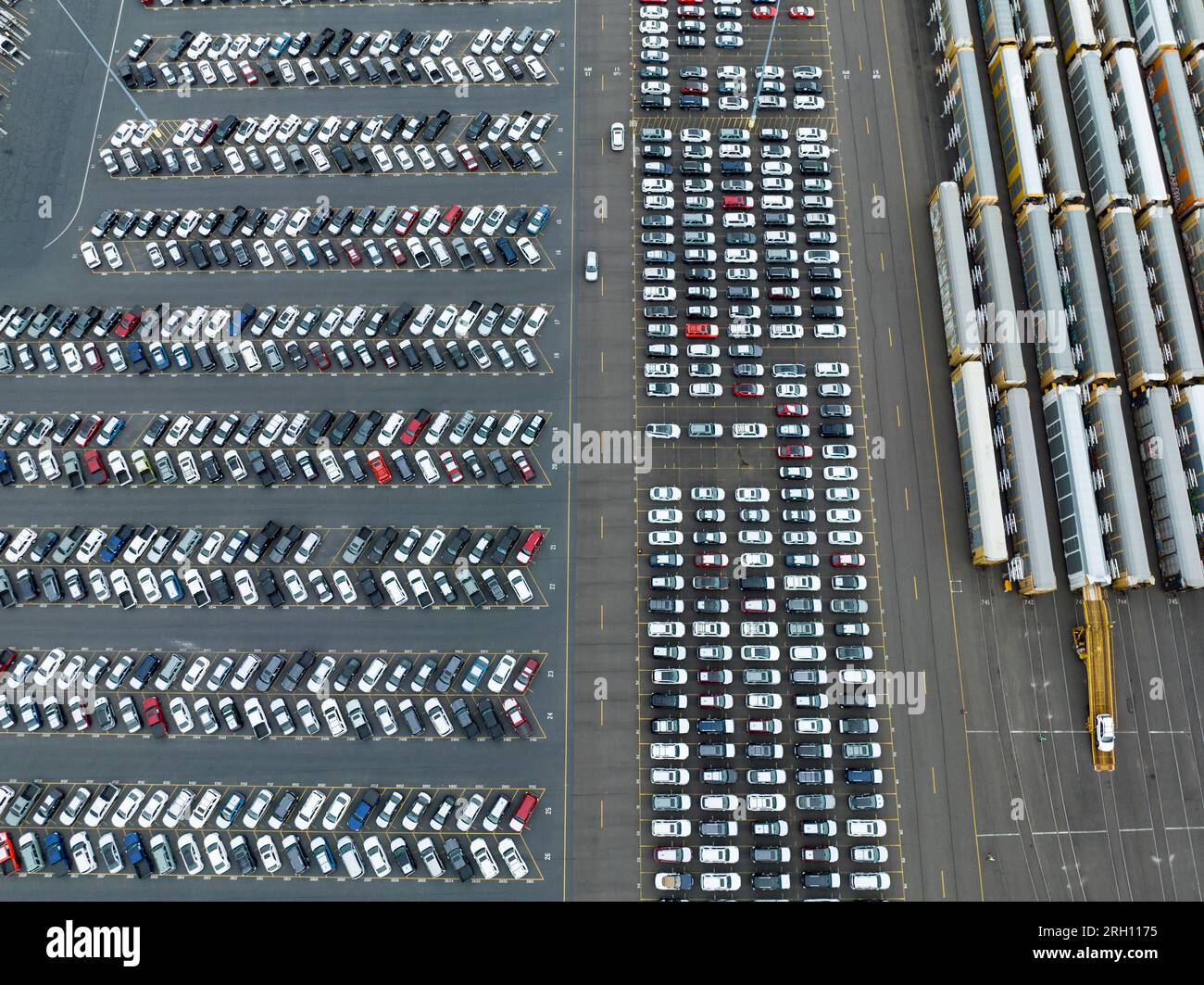 Imported auto storage and transfer yard where cars arrive by ship and are distributed by rail and truck to points in the U.S. Stock Photo