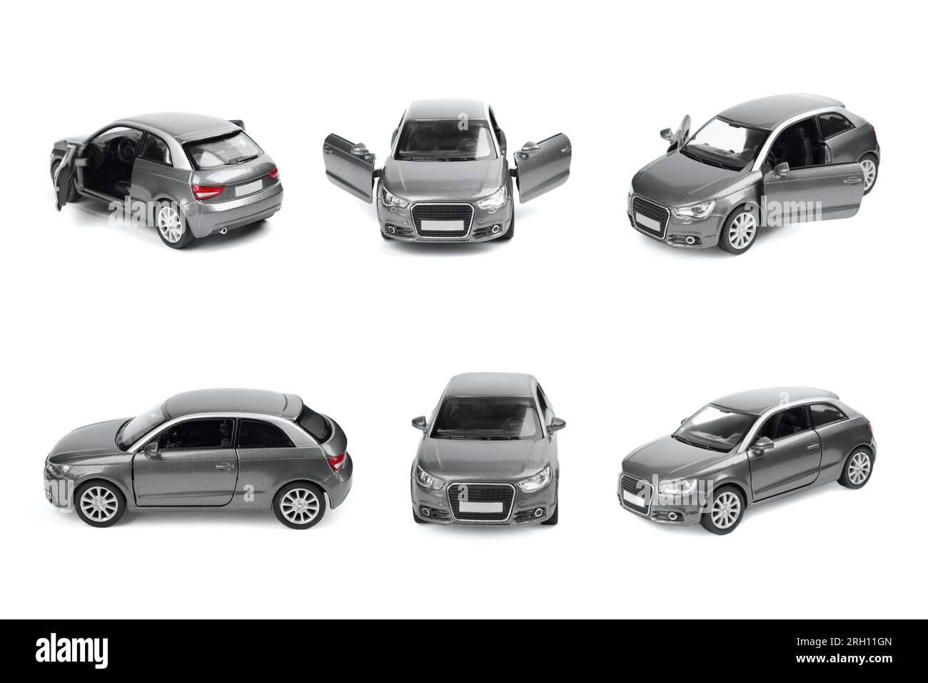 Silver car isolated on white, different angles. Collage design with children's toy Stock Photo