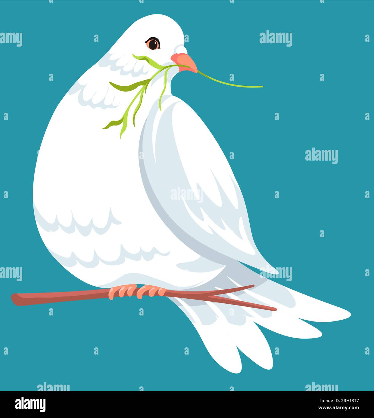 Dove sitting on branch holding foliage in beak Stock Vector