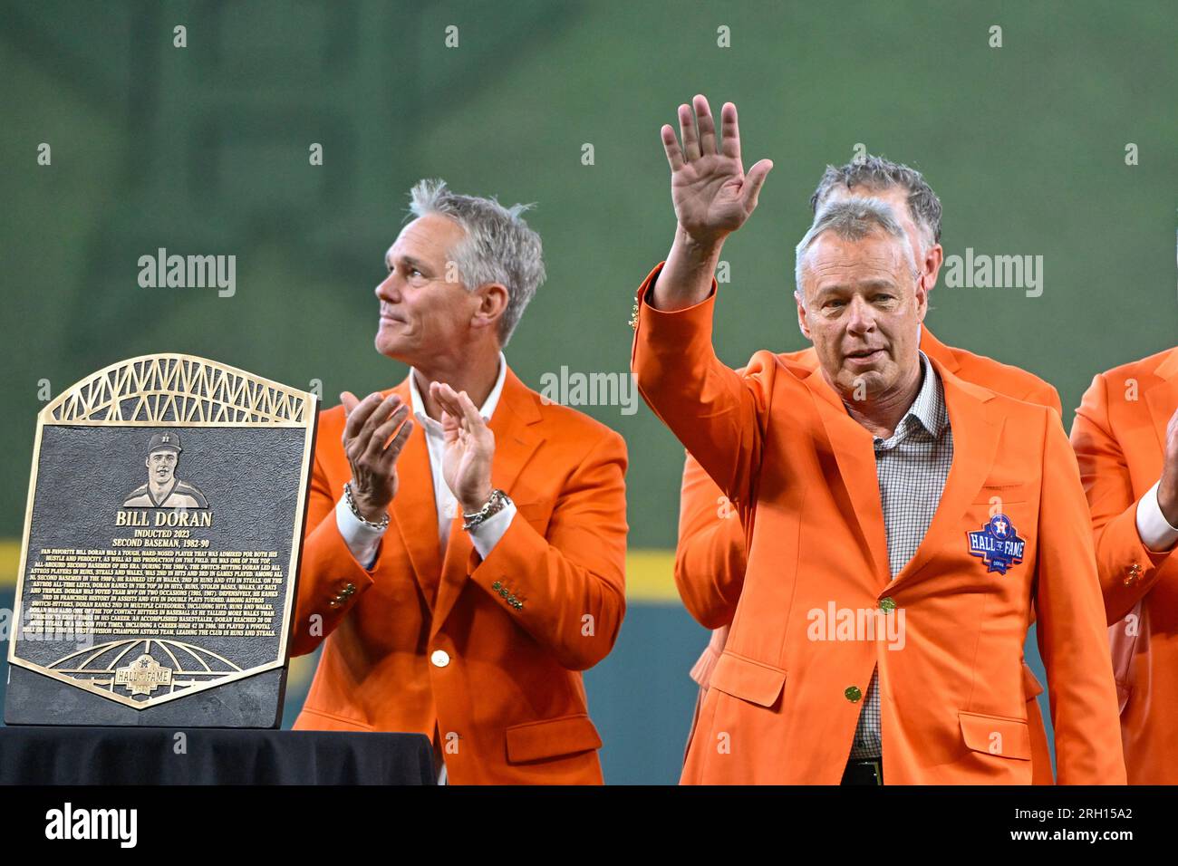 HOUSTON, TX - AUGUST 12: Legendary second baseman Bill Doran acknowledges  the crowd during his induction into the Astros Hall of Fame before the  baseball game between the Los Angeles Angels and