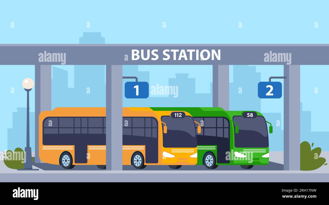 Central bus station. Vector cartoon cityscape with modern city  transportation building, buses and platform. Vector illustration Stock  Vector Image & Art - Alamy