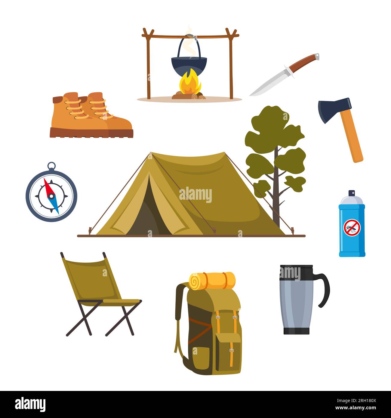 Camping and hiking equipment set. Big collection of elements or icons