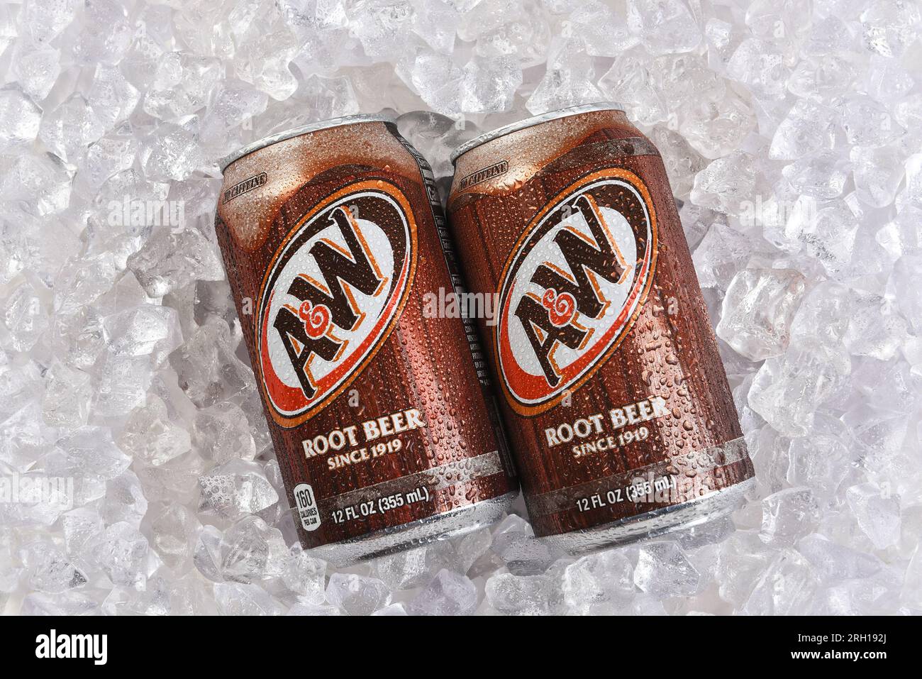 IRVINE, CALIFORNIA 12 AUG 2023 Two cans of A and W Root Beer on a