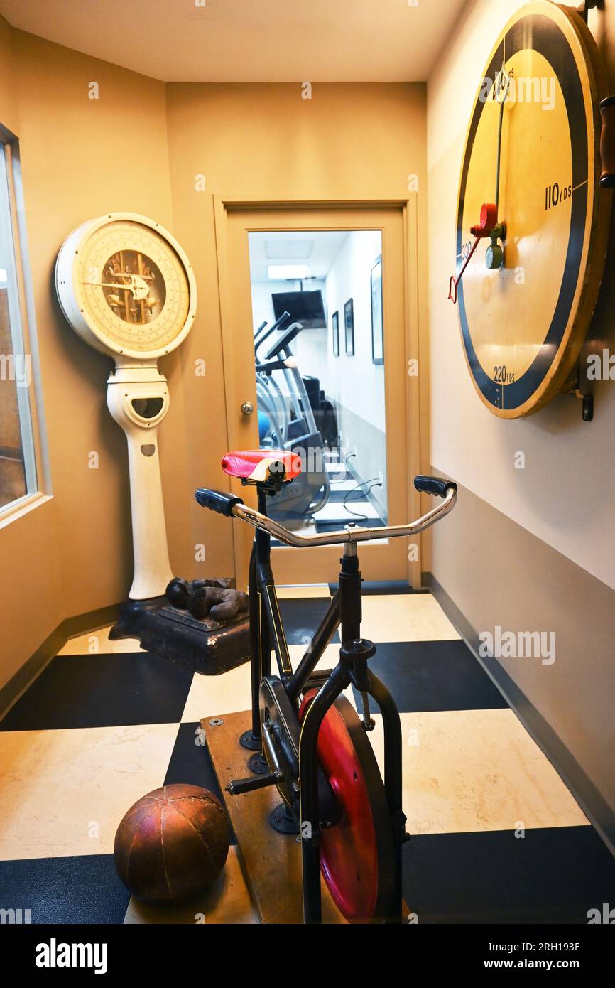 LONG BEACH, CALIFORNIA - 14 JUN 2023: Old gym on the Queen Mary an ocean liner converted into a hotel. Stock Photo