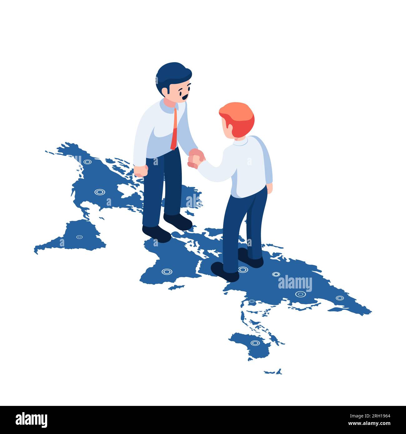 Flat 3d Isometric Businessman or Politician Shaking Hands Over World Map. International Negotiations and Global Business Concept. Stock Vector