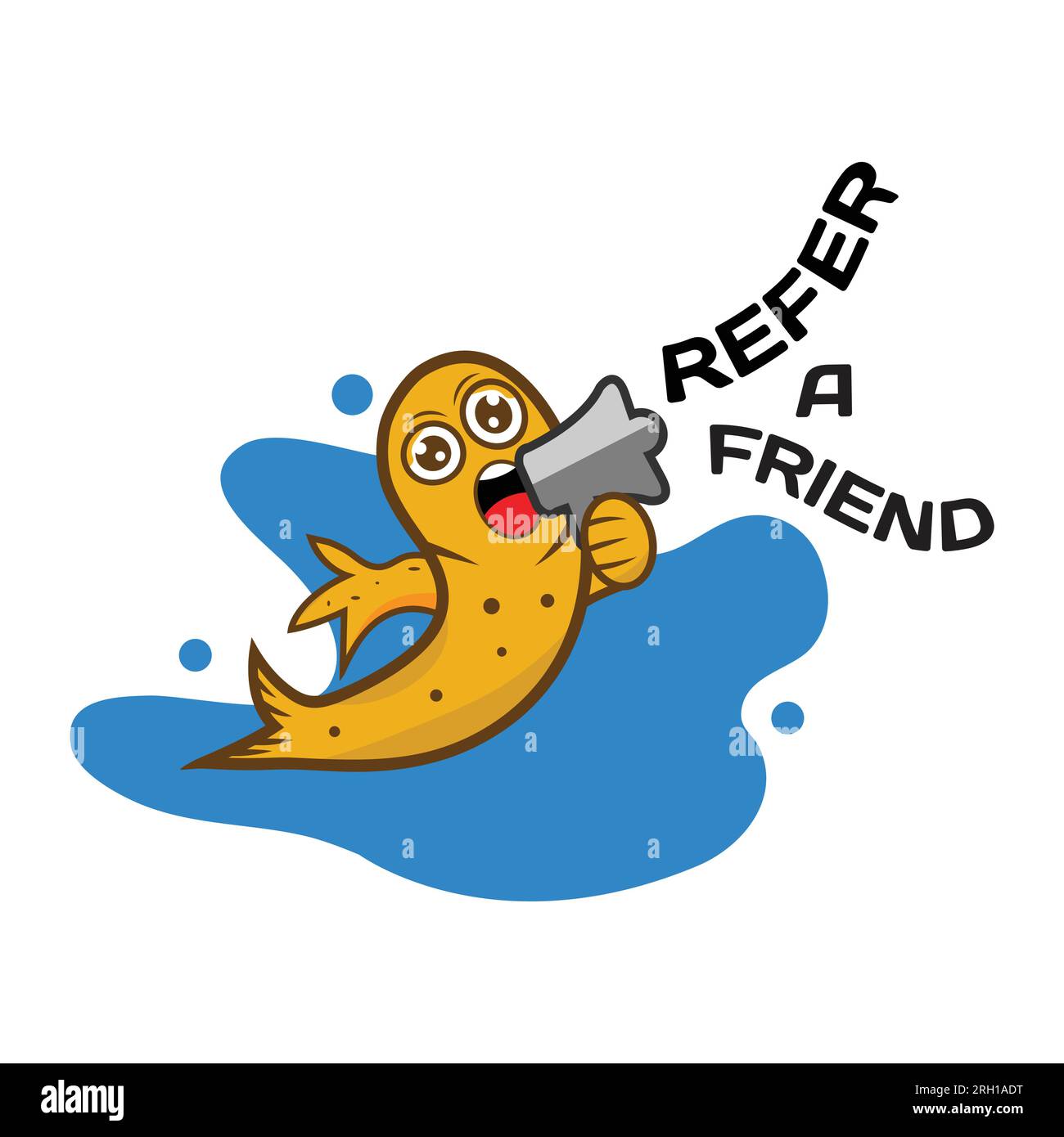 Illustration of cute fish holding mega phone to invite his friends