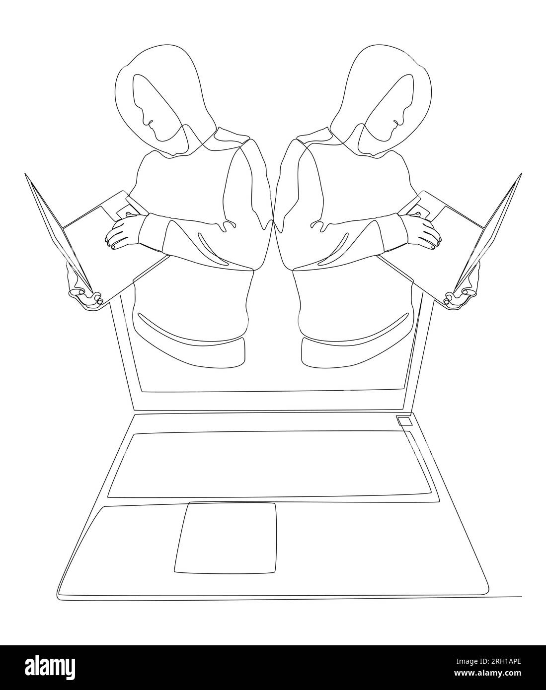 One continuous line of Laptop with Hacker. Thin Line Illustration ...