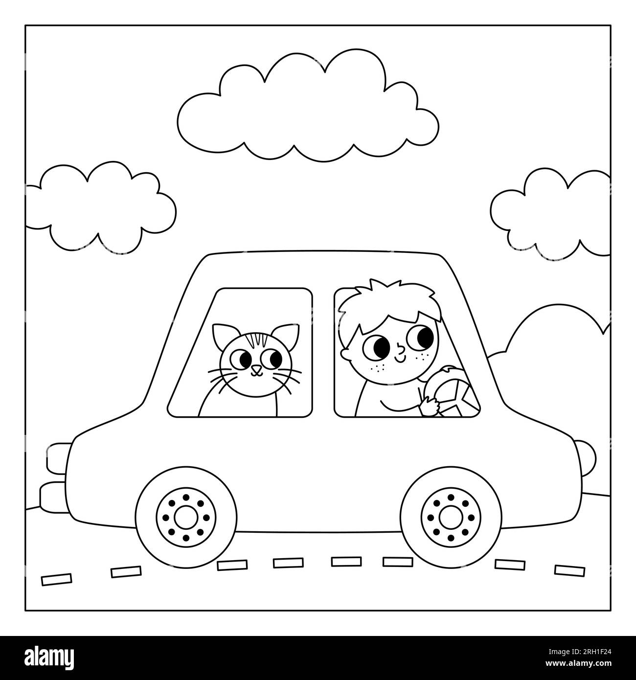 Vector black and white square scene with boy driving a car with cat
