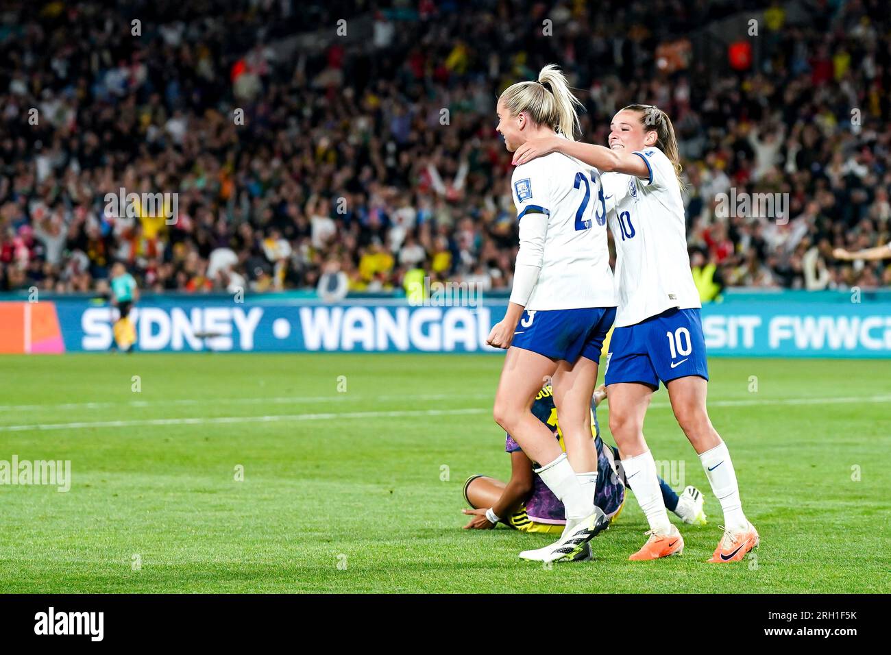 Sydney, Australia. 12th Aug, 2023. Sydney, Australia, August 20thh 2023: Alessia Russo (23 England) celebrates with Ella Toone (10 England) after scoring her team's second goal during the FIFA Womens World Cup 2023 quarterfinal football match between England and Colombia at Stadium Australia in Sydney, Australia. (Daniela Porcelli/SPP) Credit: SPP Sport Press Photo. /Alamy Live News Stock Photo