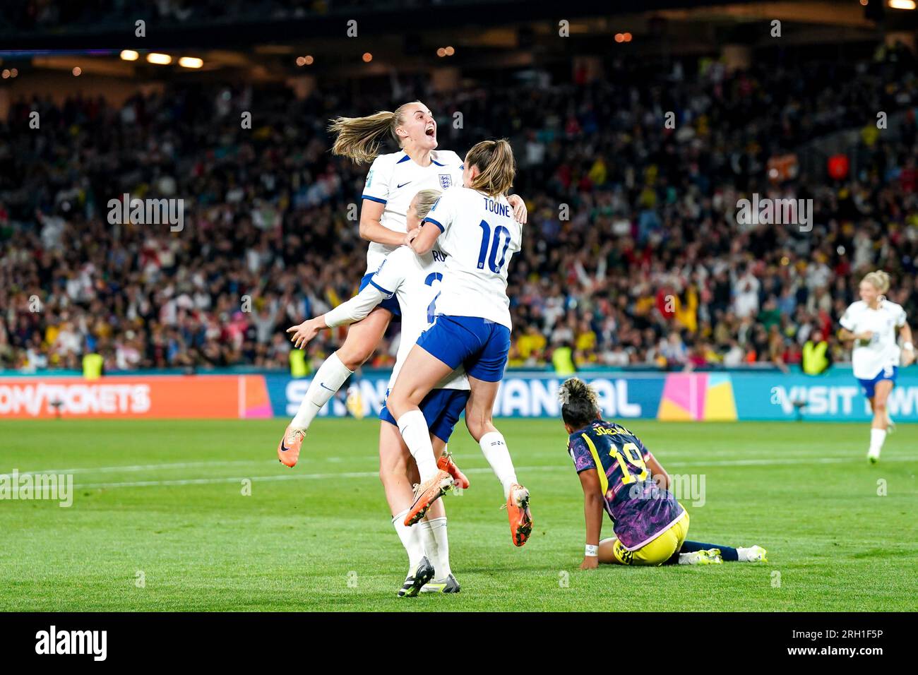 Sydney, Australia. 12th Aug, 2023. Sydney, Australia, August 20thh 2023: Alessia Russo (23 England) celebrates with Ella Toone (10 England) amd Georgia Stanway (8 England) after scoring her team's second goal during the FIFA Womens World Cup 2023 quarterfinal football match between England and Colombia at Stadium Australia in Sydney, Australia. (Daniela Porcelli/SPP) Credit: SPP Sport Press Photo. /Alamy Live News Stock Photo