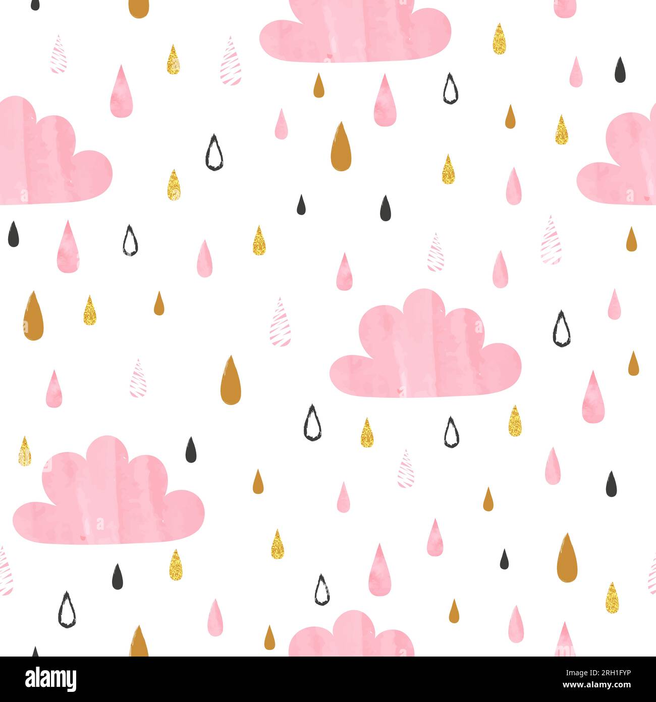 Seamless vector pattern with pink watercolor clouds and rain drops ...